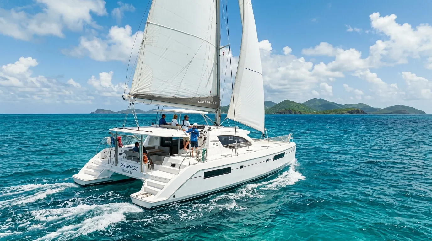 Crewed sailing catamaran underway in the British Virgin Islands