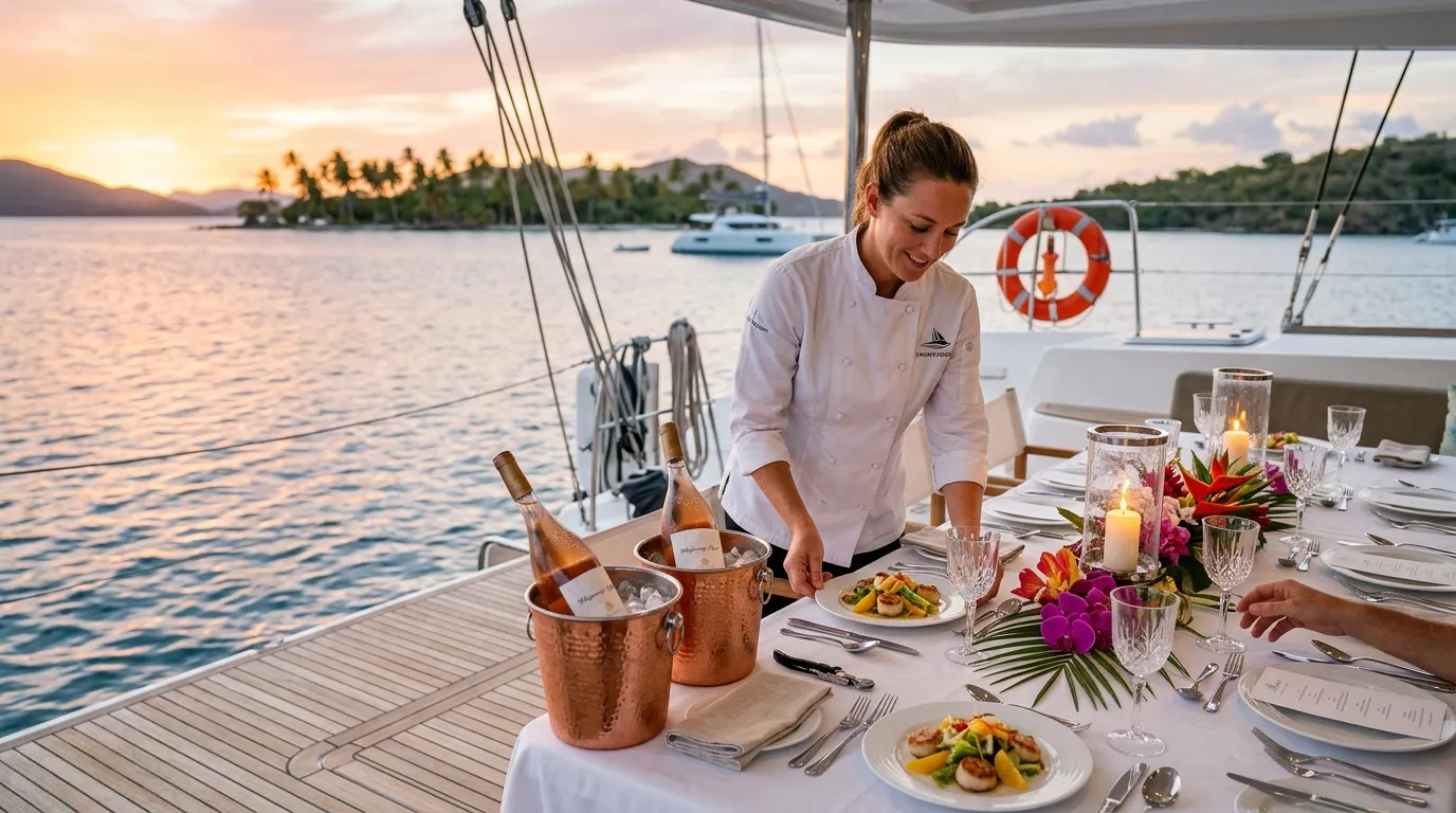 Private chef plating dinner on the aft teak deck of a crewed Caribbean catamaran at sunset — what $50K buys on a yacht charter