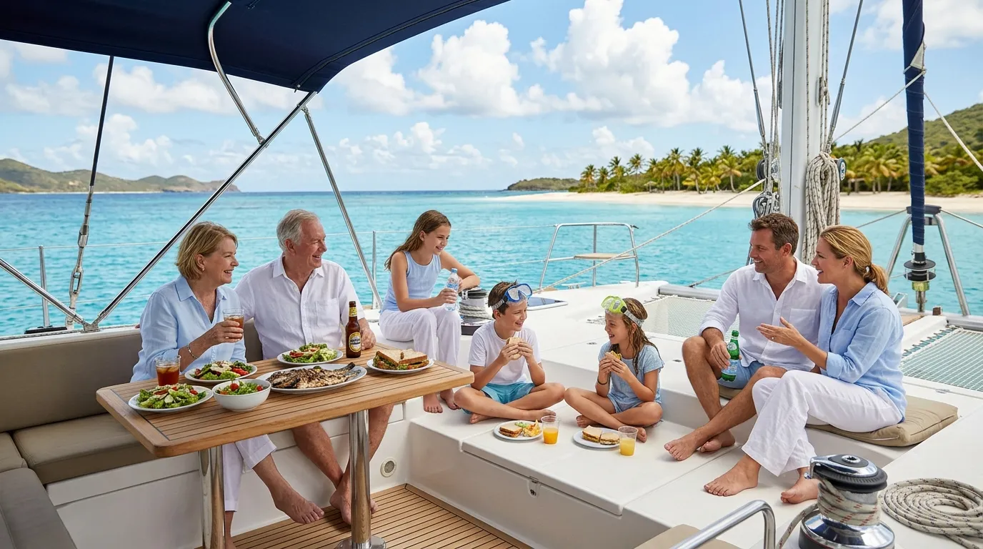 Multi-generational family enjoying lunch together on a luxury catamaran in a turquoise Caribbean anchorage — yacht charter vs villa rental for families