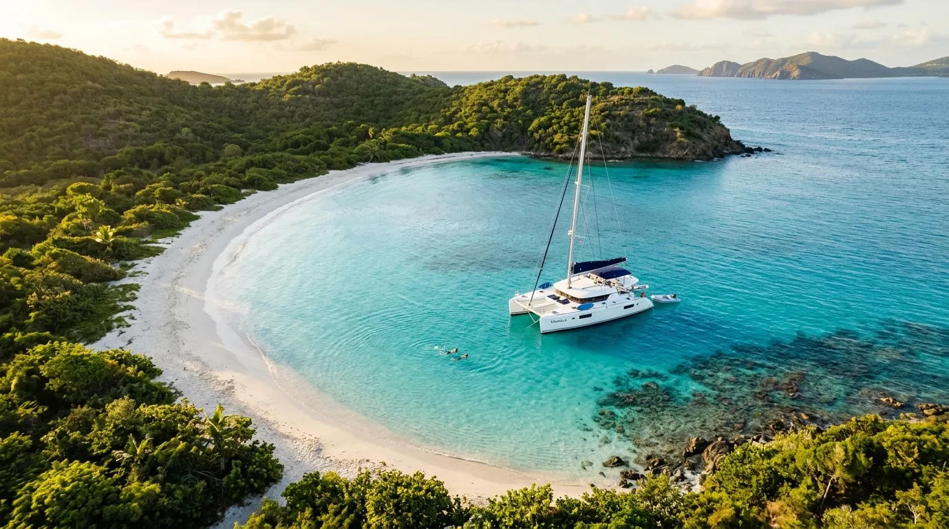 Aerial drone shot of a crewed catamaran anchored alone in a remote turquoise Caribbean cove only reachable by yacht