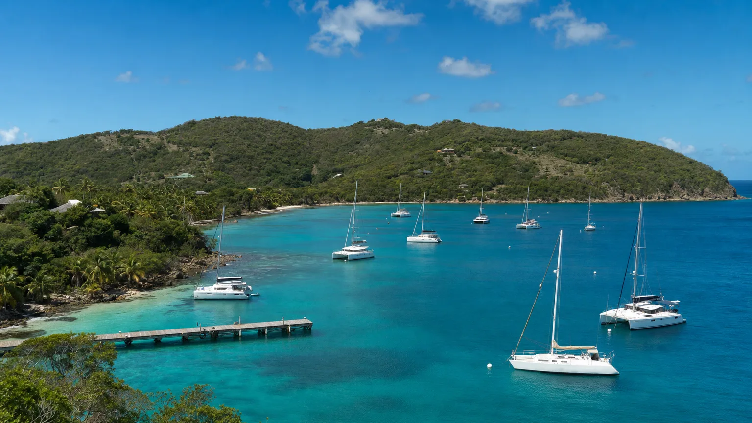 Yachts on moorings in Britannia Bay, Mustique, with the green island rising behind
