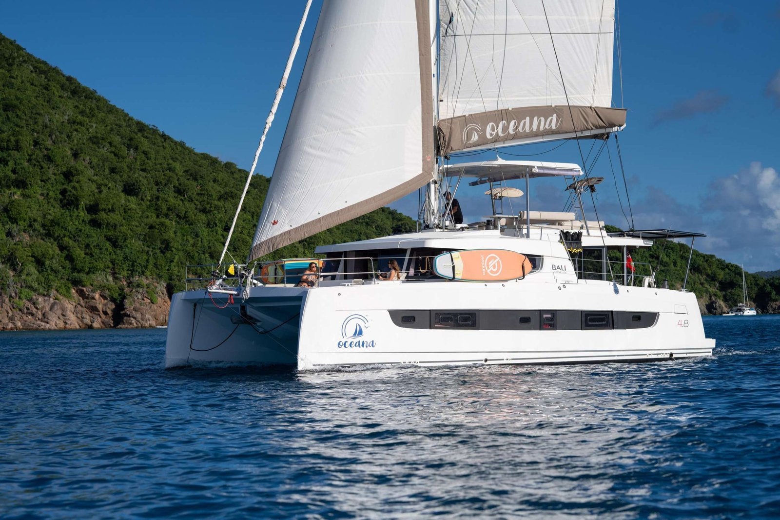 Catamaran sailing on blue water with a green hillside in the background and sails up, featuring an oceana sail cover logo.