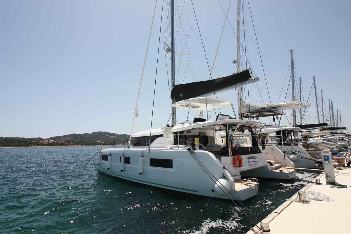 White catamaran docked at a marina with other sailboats and calm blue water under a clear sky.