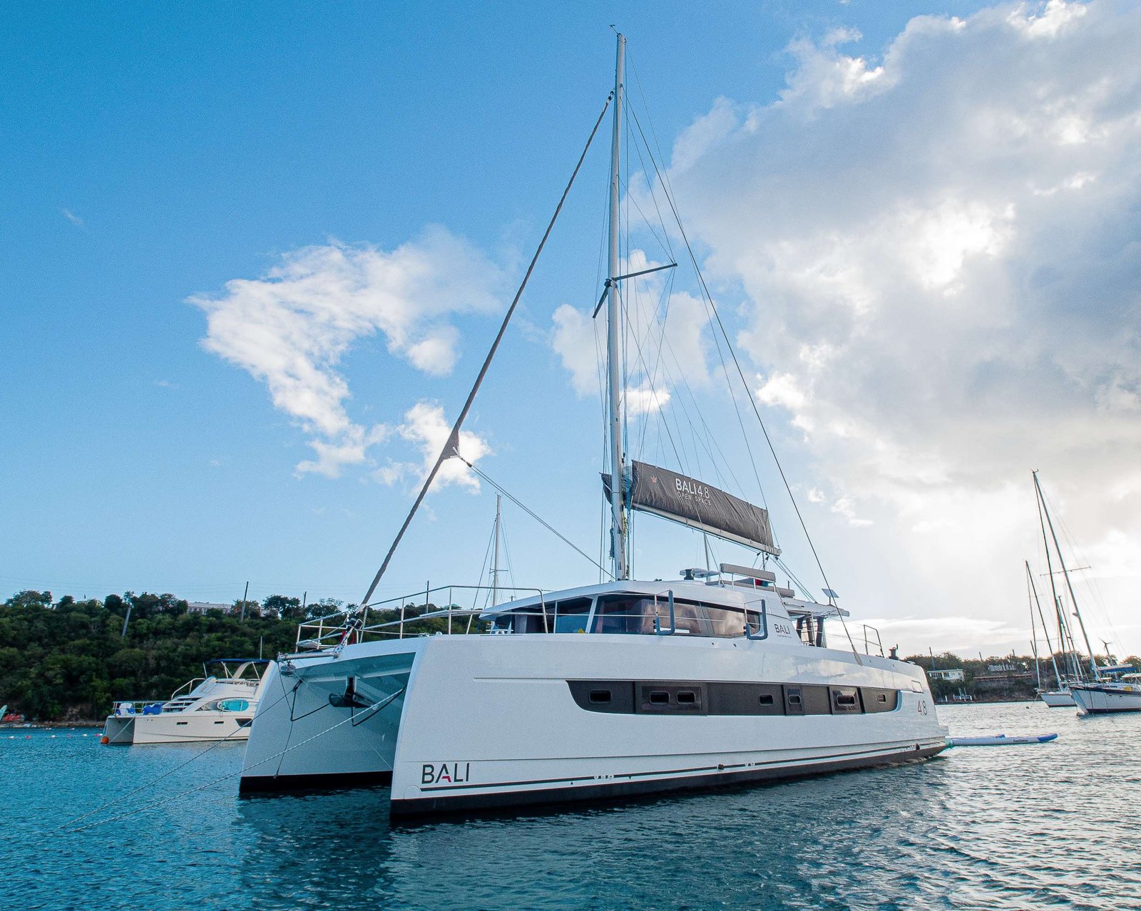 Luxury catamaran named Bali docked at a marina with calm blue water and clear sky in the background.