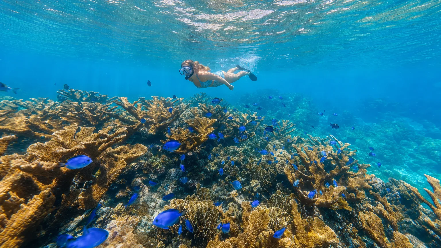 Snorkeler gliding over shallow elkhorn coral in clear turquoise Caribbean water with schools of blue tang