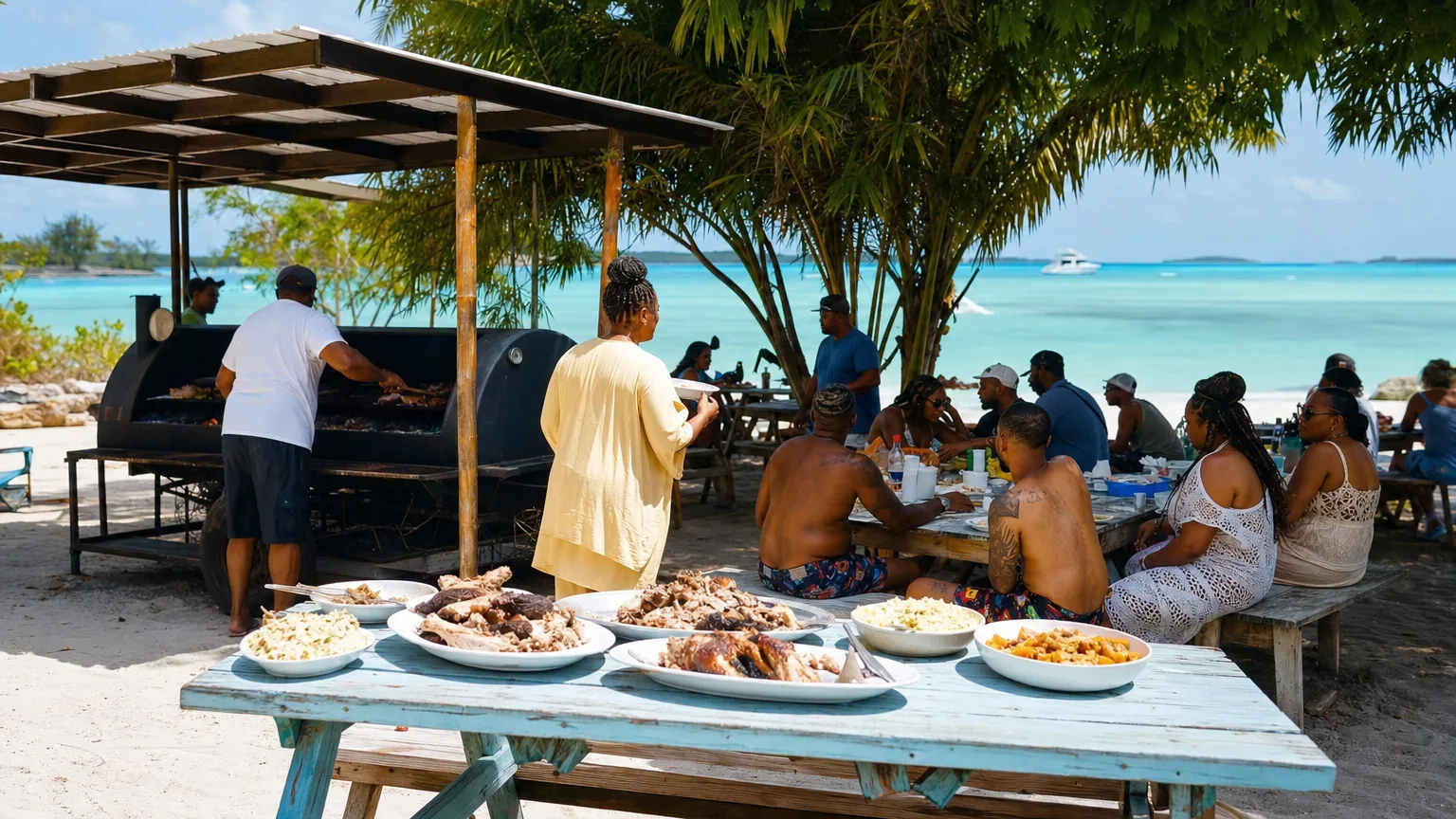 Bahamian beach pig roast and buffet with people gathered on the sand at Stocking Island