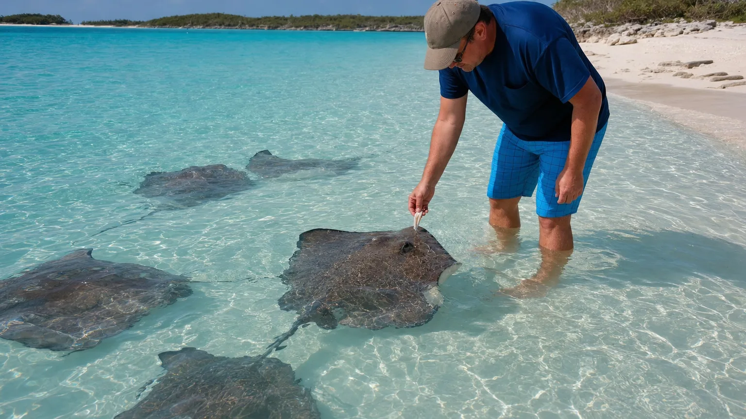 Southern stingrays in shallow clear water at the beach edge as a person wades in to feed them