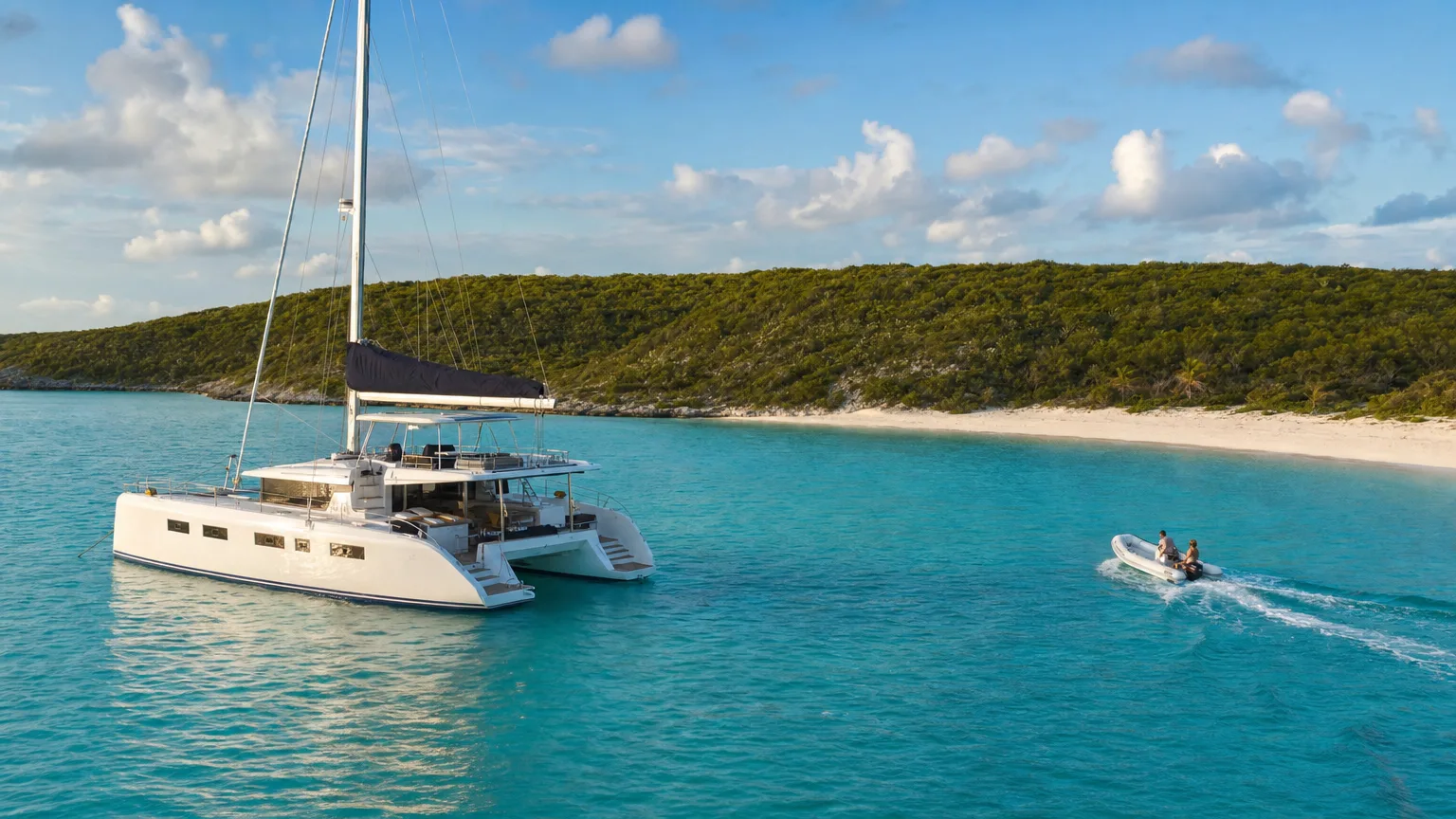 A crewed catamaran anchored in the calm turquoise water of Elizabeth Harbour off Stocking Island