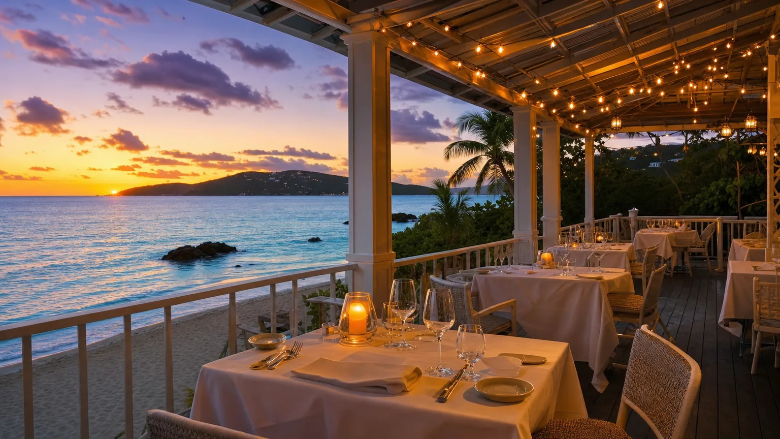 featured-image-11 | Vital Charters Elegant open-air beachfront dining terrace at sunset on Caneel Beach, St. John, US Virgin Islands