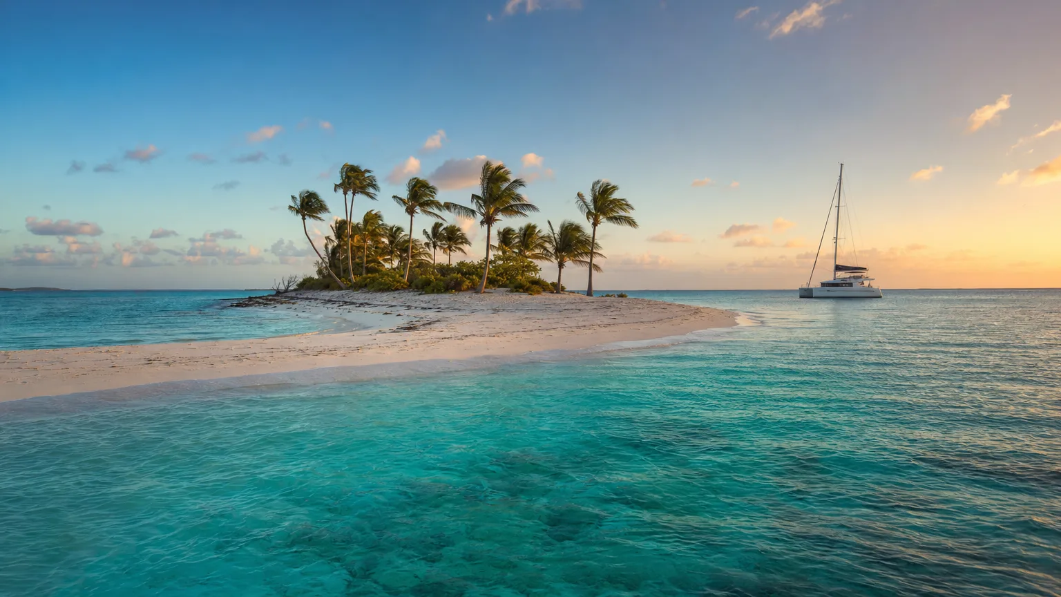 Tiny palm-topped sandbar cay in turquoise Caribbean water at golden hour with a catamaran anchored offshore