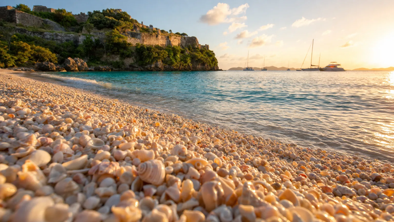 Shell Beach St. Barts at golden hour with seashells in the foreground and yachts anchored offshore