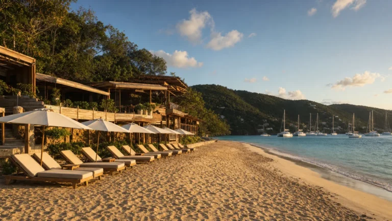 A beach club at the end of Princess Margaret Beach, Bequia, with loungers on the sand and yachts in Admiralty Bay