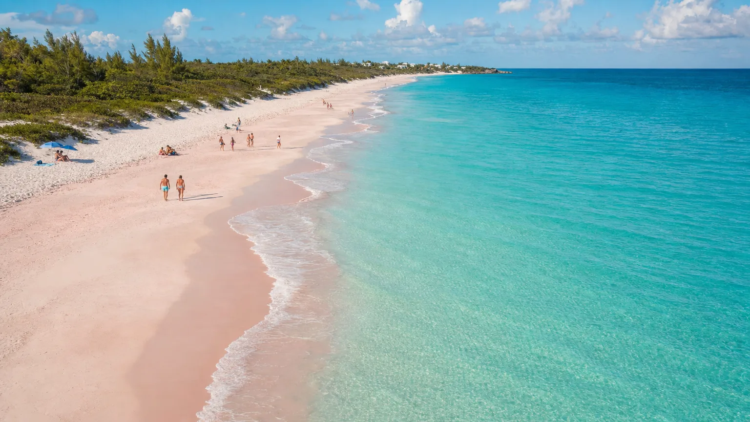 Harbour Island's pink sand beach curving along clear turquoise water in the Bahamas