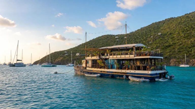 The Willy T floating bar anchored in The Bight off Norman Island in the British Virgin Islands