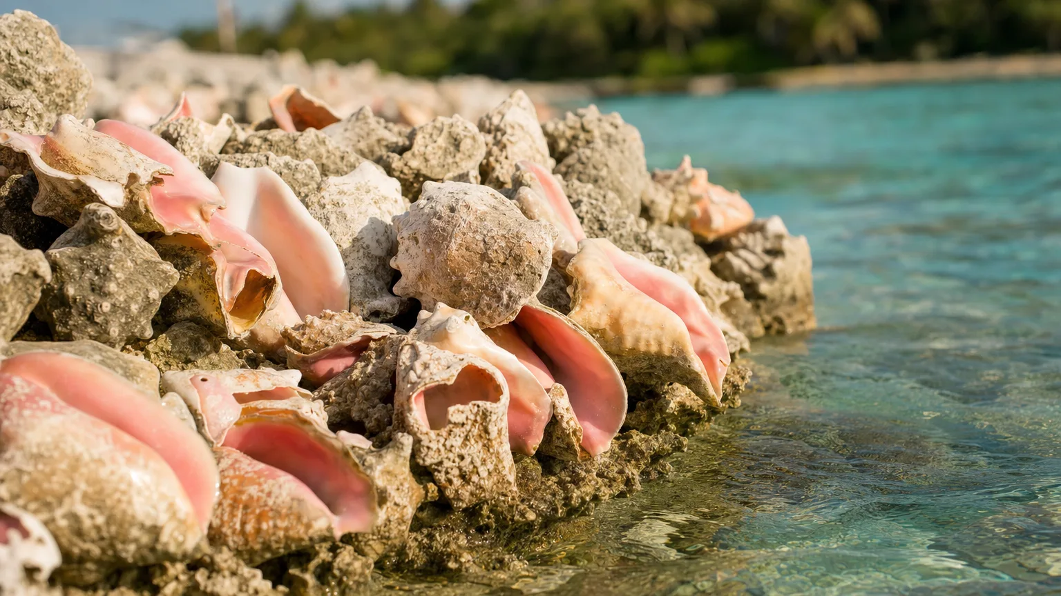 Weathered queen conch shells heaped at the water's edge in the Grenadines