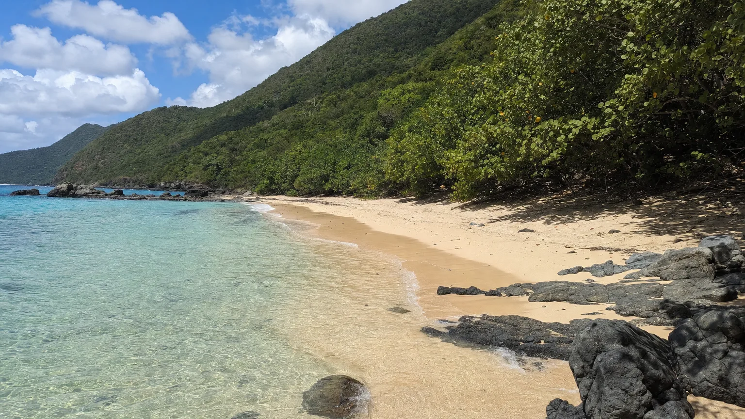 Pale sand and clear shallow water at Princess Margaret Beach, Bequia, with green hills behind