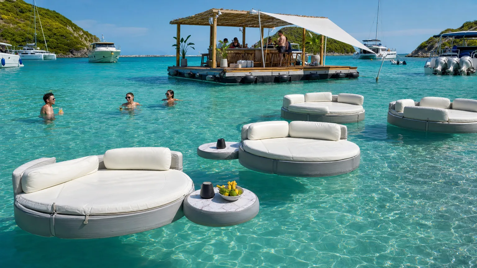 Floating taco bar on pontoons with lily-pad seats in a turquoise US Virgin Islands bay