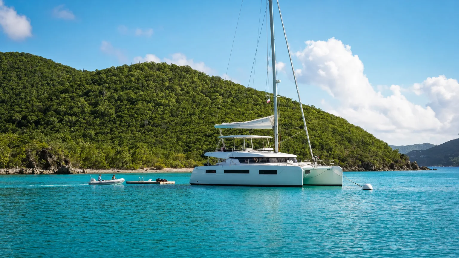 Crewed catamaran moored in a calm turquoise St. Thomas bay in the US Virgin Islands