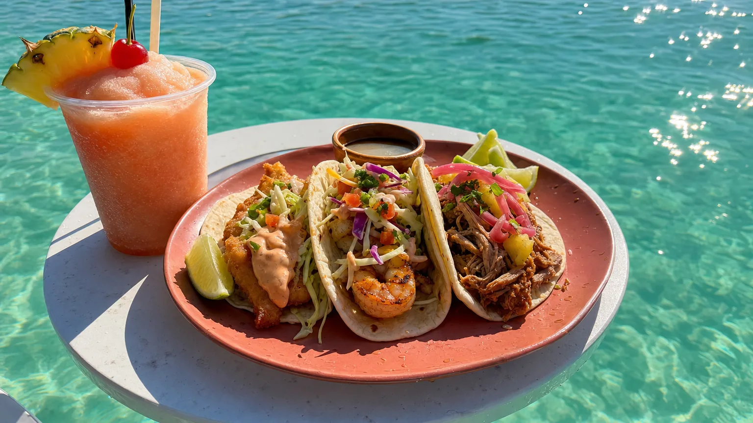 Colorful tacos and a frozen cocktail on a floating table over turquoise Caribbean water