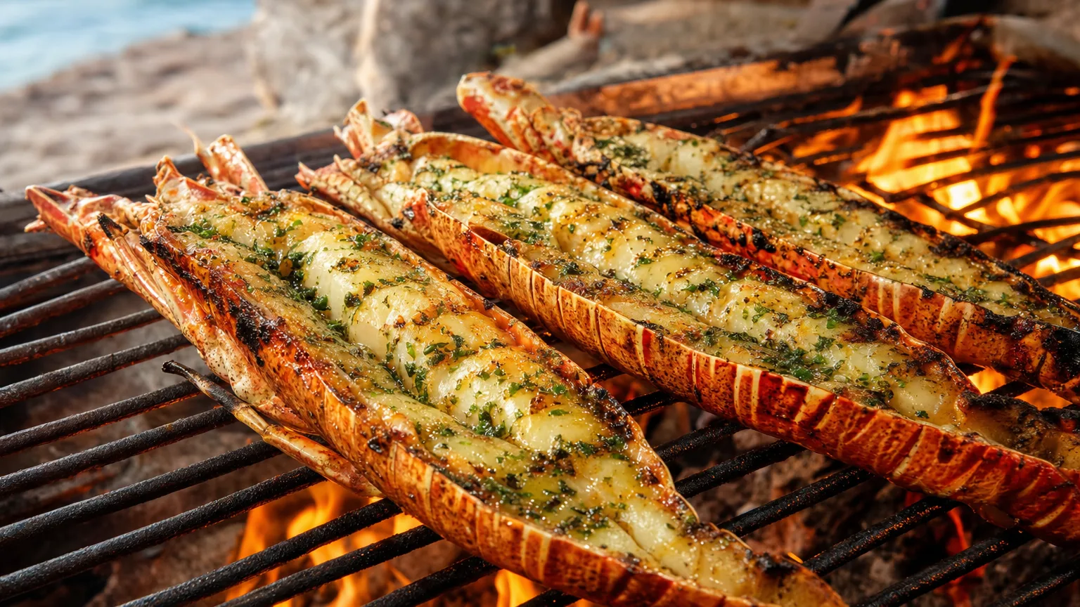 Fresh Anegada spiny lobster split and grilled over open flame at the Lobster Trap