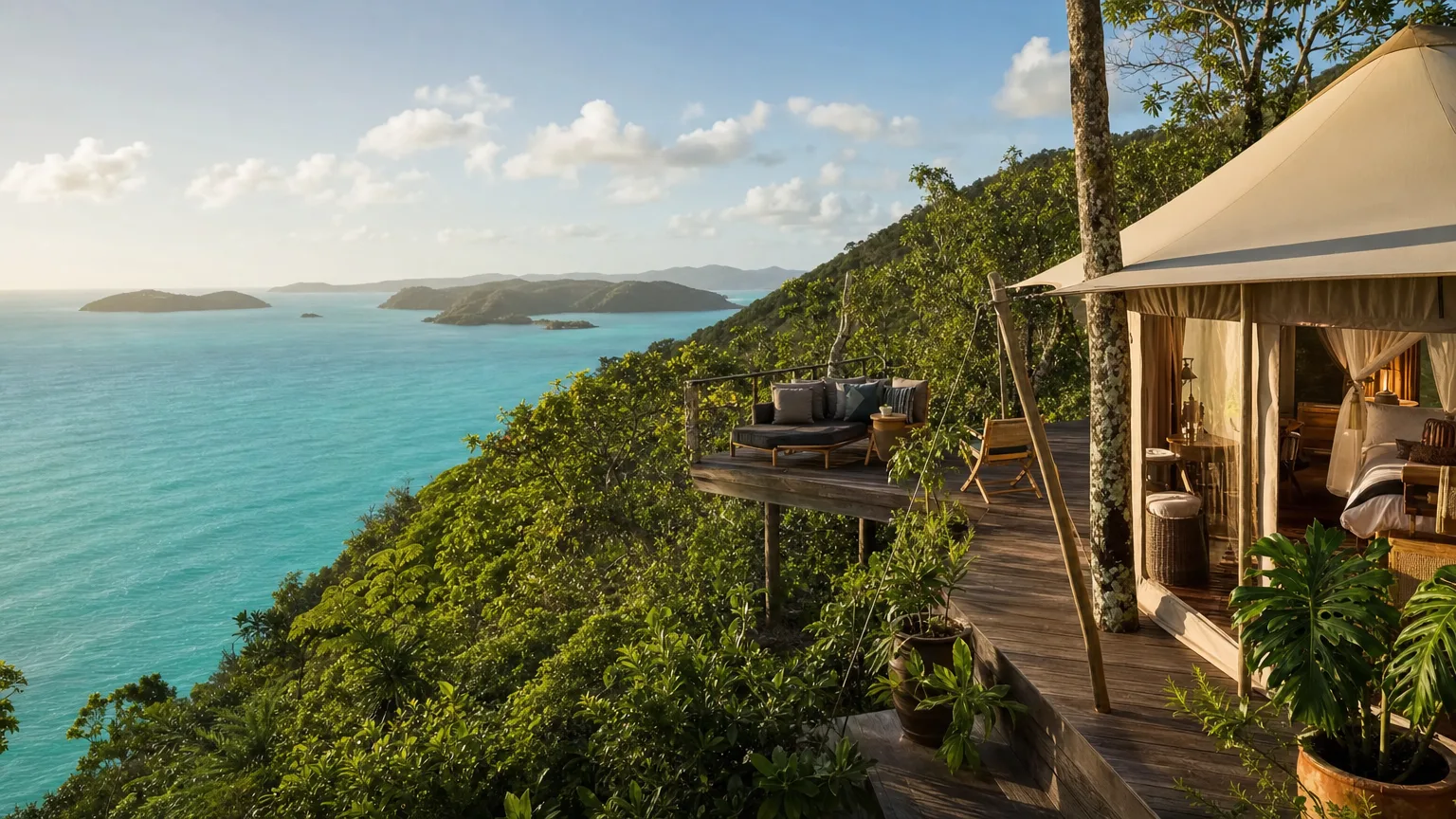 Luxury glamping tent with an ocean view on a forested Caribbean hillside in the US Virgin Islands