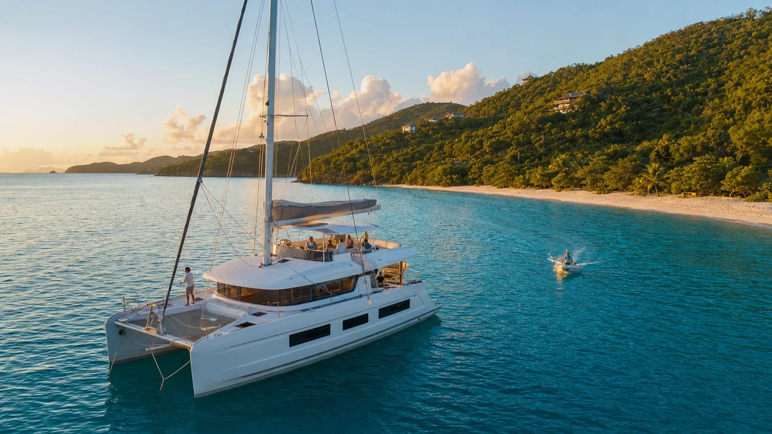 Crewed catamaran anchored in calm turquoise water off a white sand St. Thomas beach at golden hour