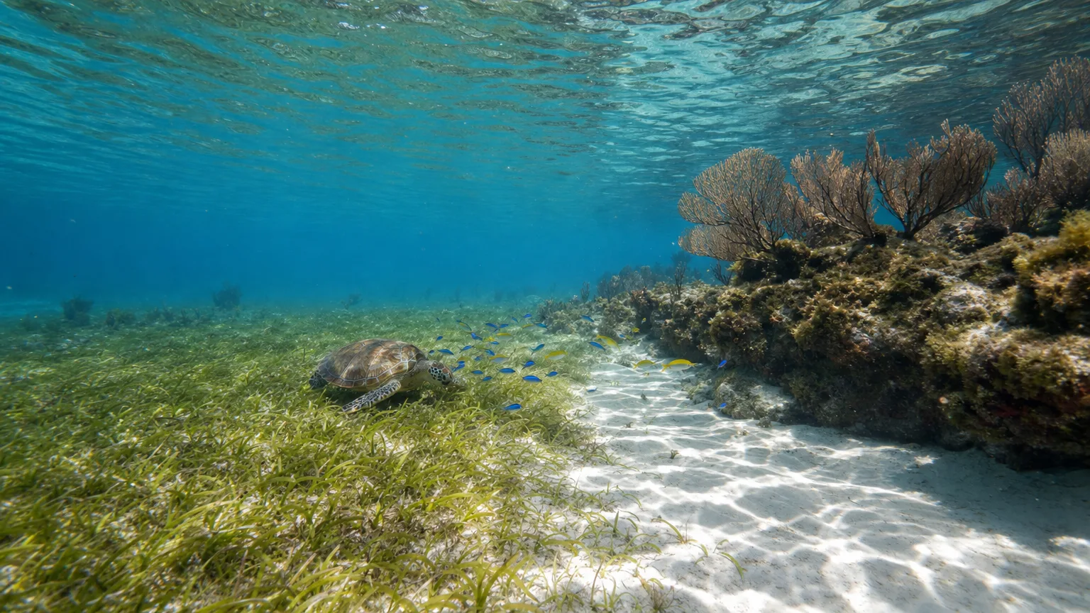 Green turtle over seagrass and sand in shallow clear water on the Pinel Island snorkel trail