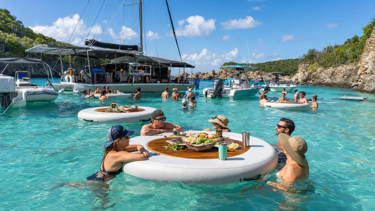 Floating pizza boat in a turquoise US Virgin Islands cove with guests rafted up on floats around it
