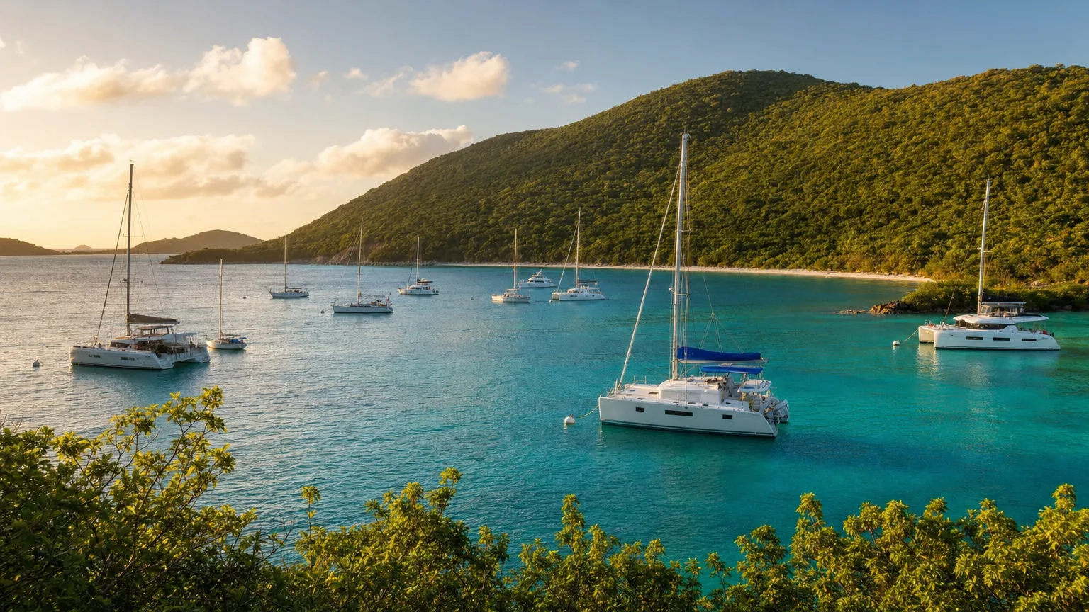 Sailboats and catamarans moored in the turquoise anchorage of Christmas Cove off St. Thomas at golden hour