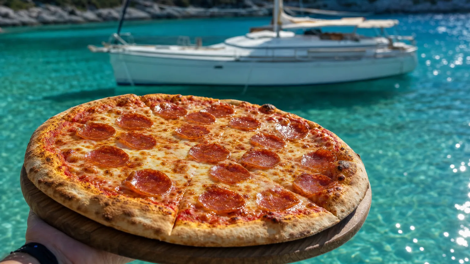 Fresh 16-inch New York-style pizza held over turquoise water at a floating Caribbean pizzeria