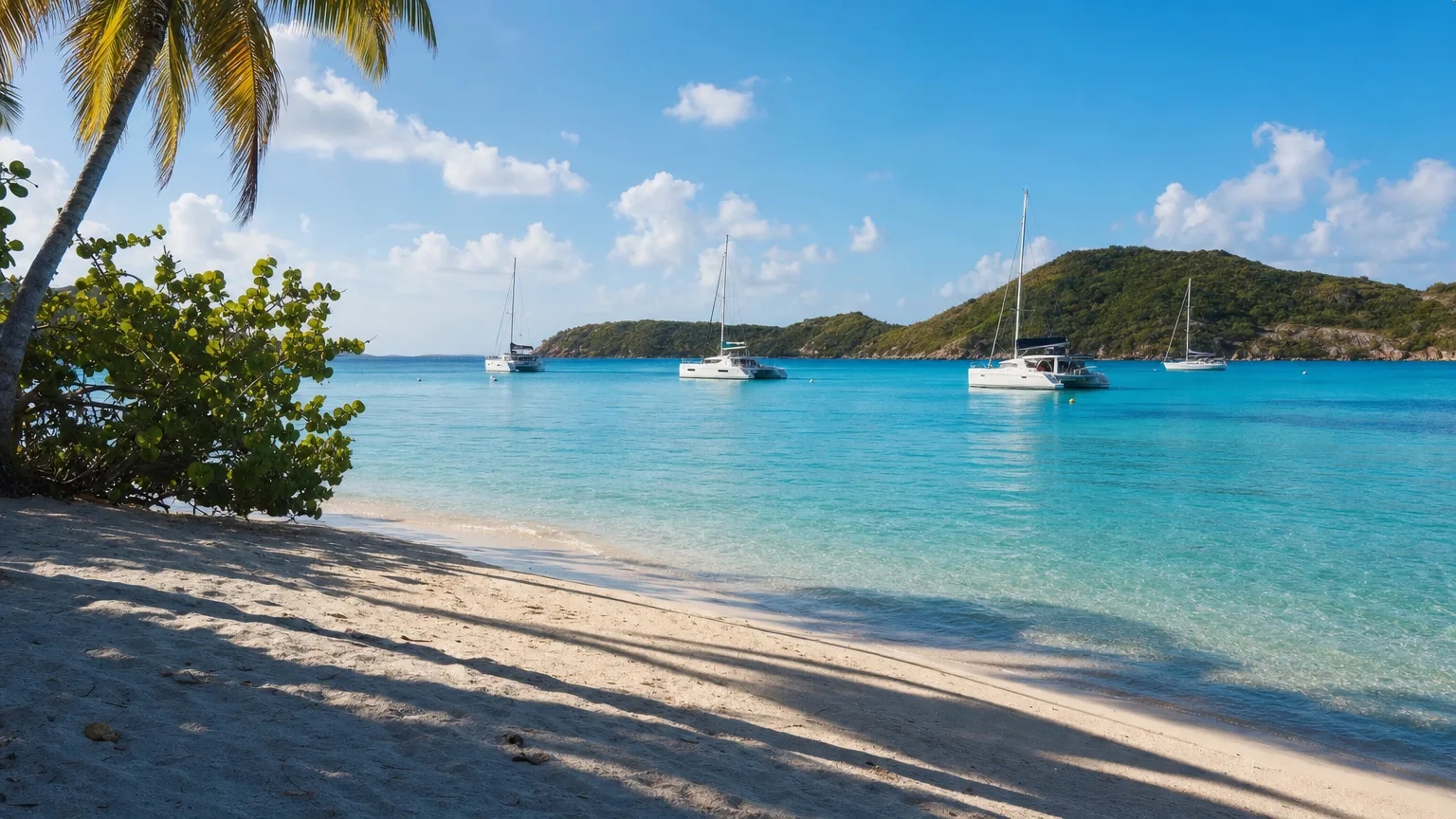 Yachts anchored in the calm Caribbean crescent at Salt Whistle Bay, Mayreau, in the Grenadines