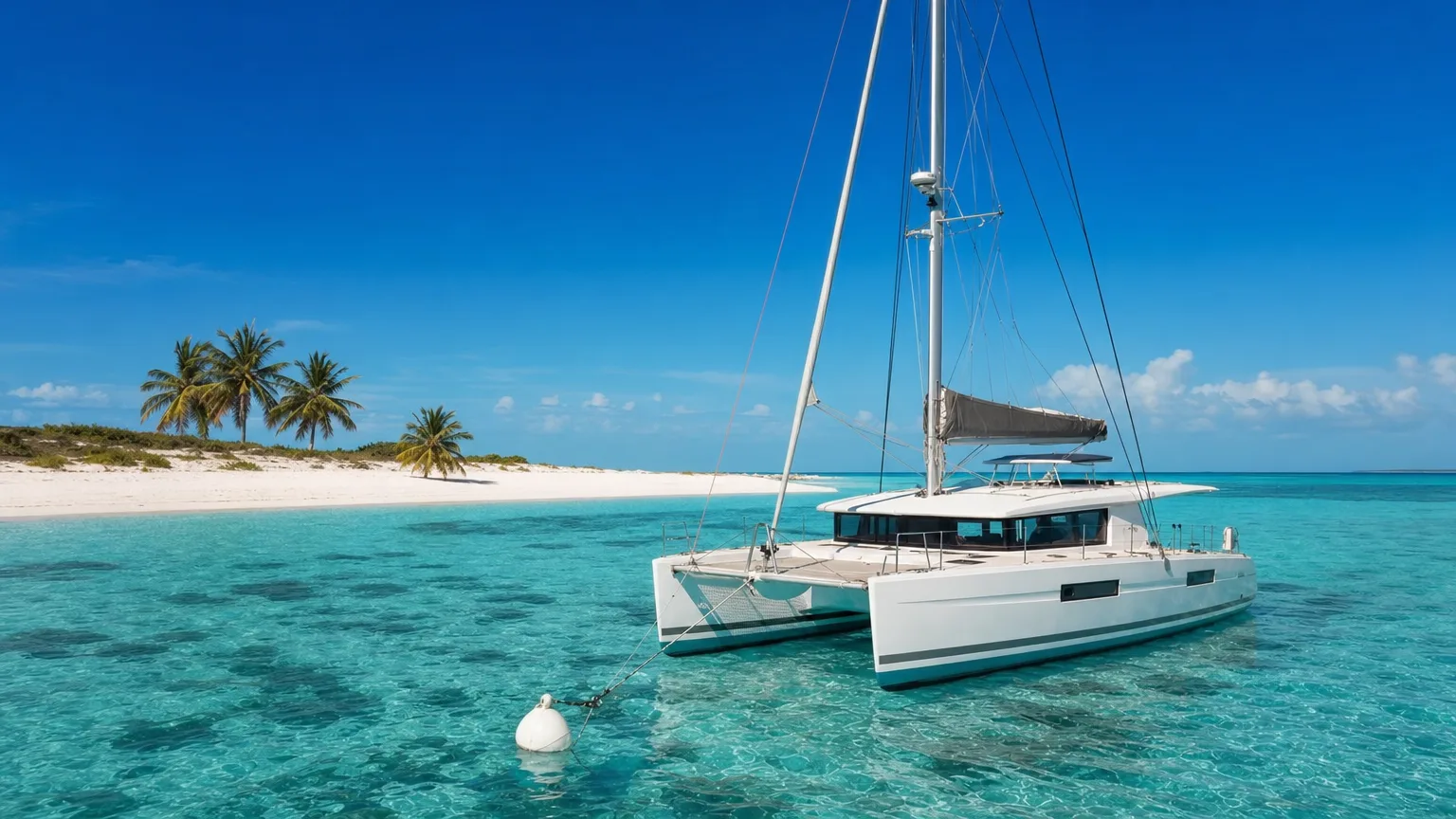 Crewed catamaran on a marine park mooring in turquoise water off Sandy Island Anguilla