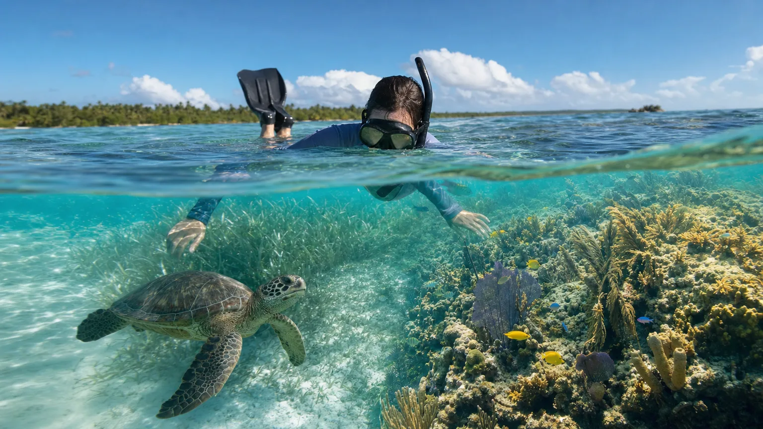 Snorkeler above a shallow patch reef and seagrass inside Sandy Island Marine Park