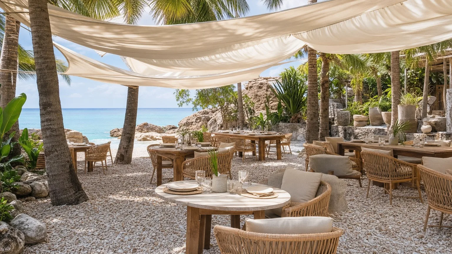Shellona beach club tables under canvas canopies on Shell Beach in St. Barts