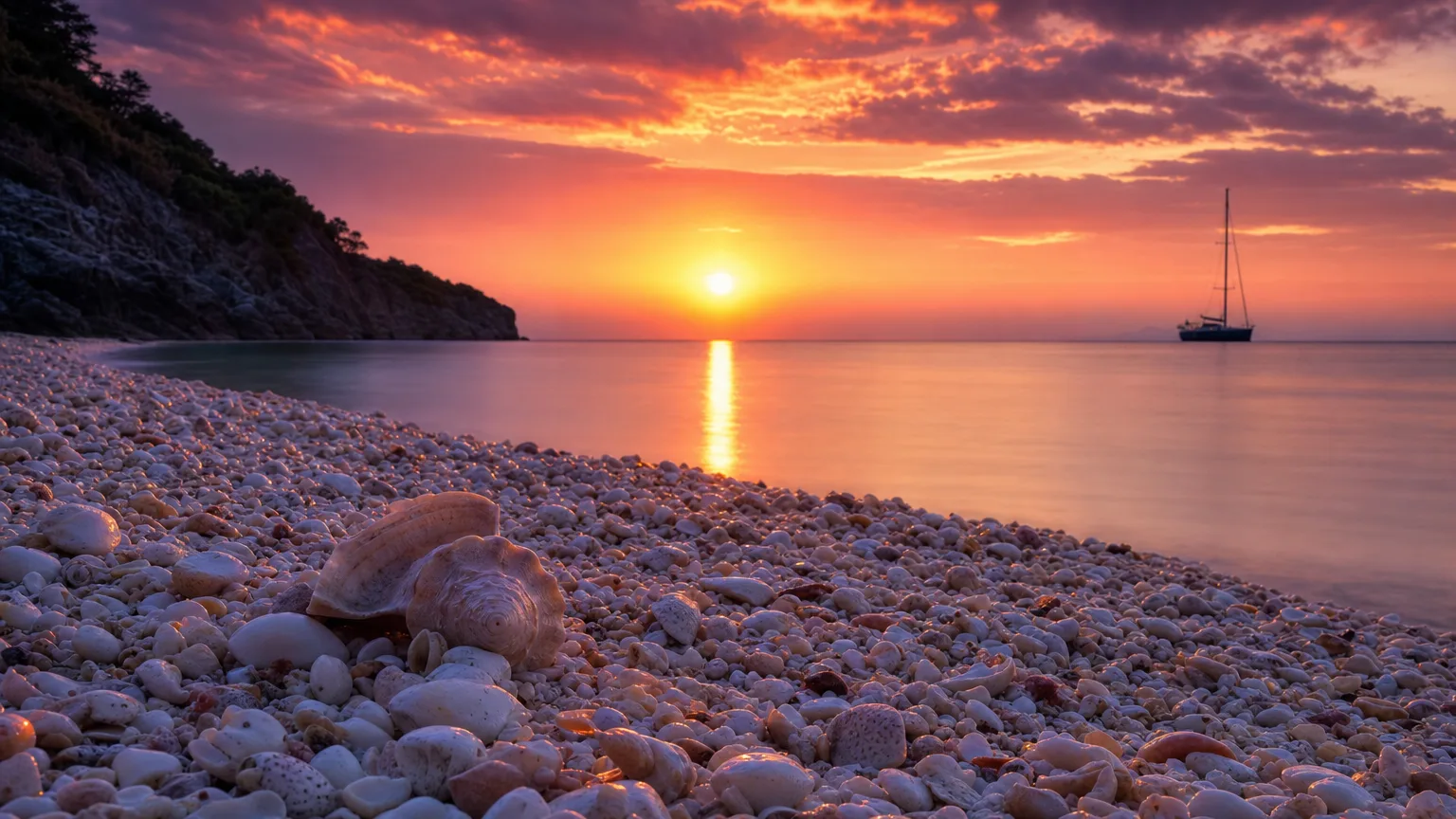 Sunset over Shell Beach St. Barts with seashells in the foreground