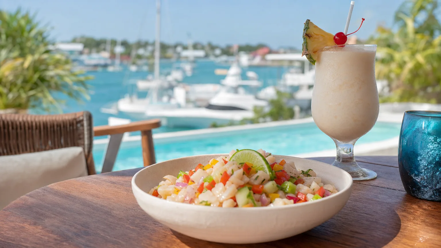 Poolside Bahamian lunch at Romora Bay Marina, Harbour Island, where Sip Sip reopened