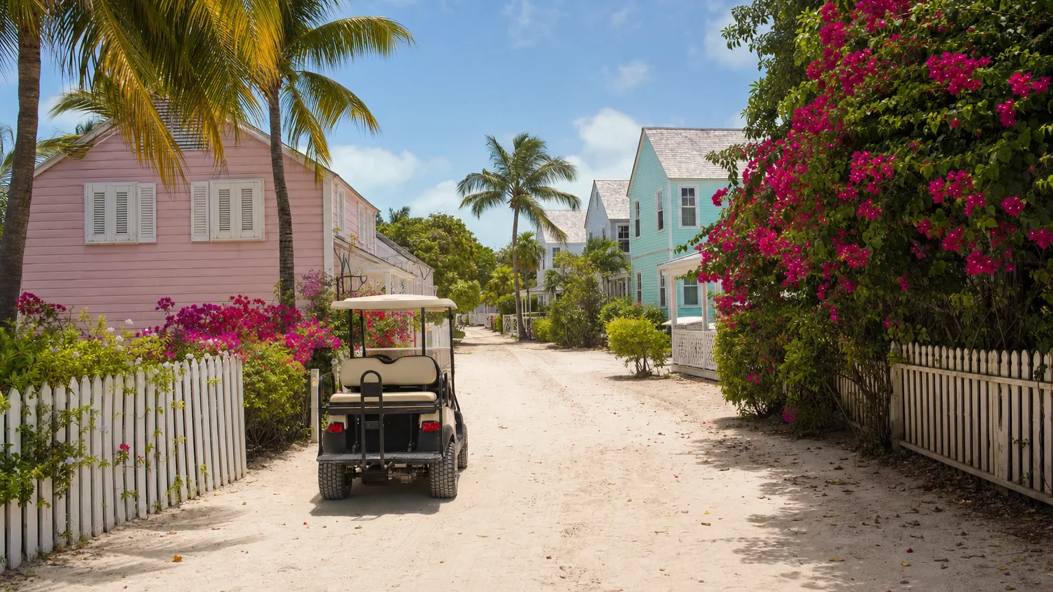 Pastel colonial cottages and a golf cart on a quiet lane in Dunmore Town, Harbour Island
