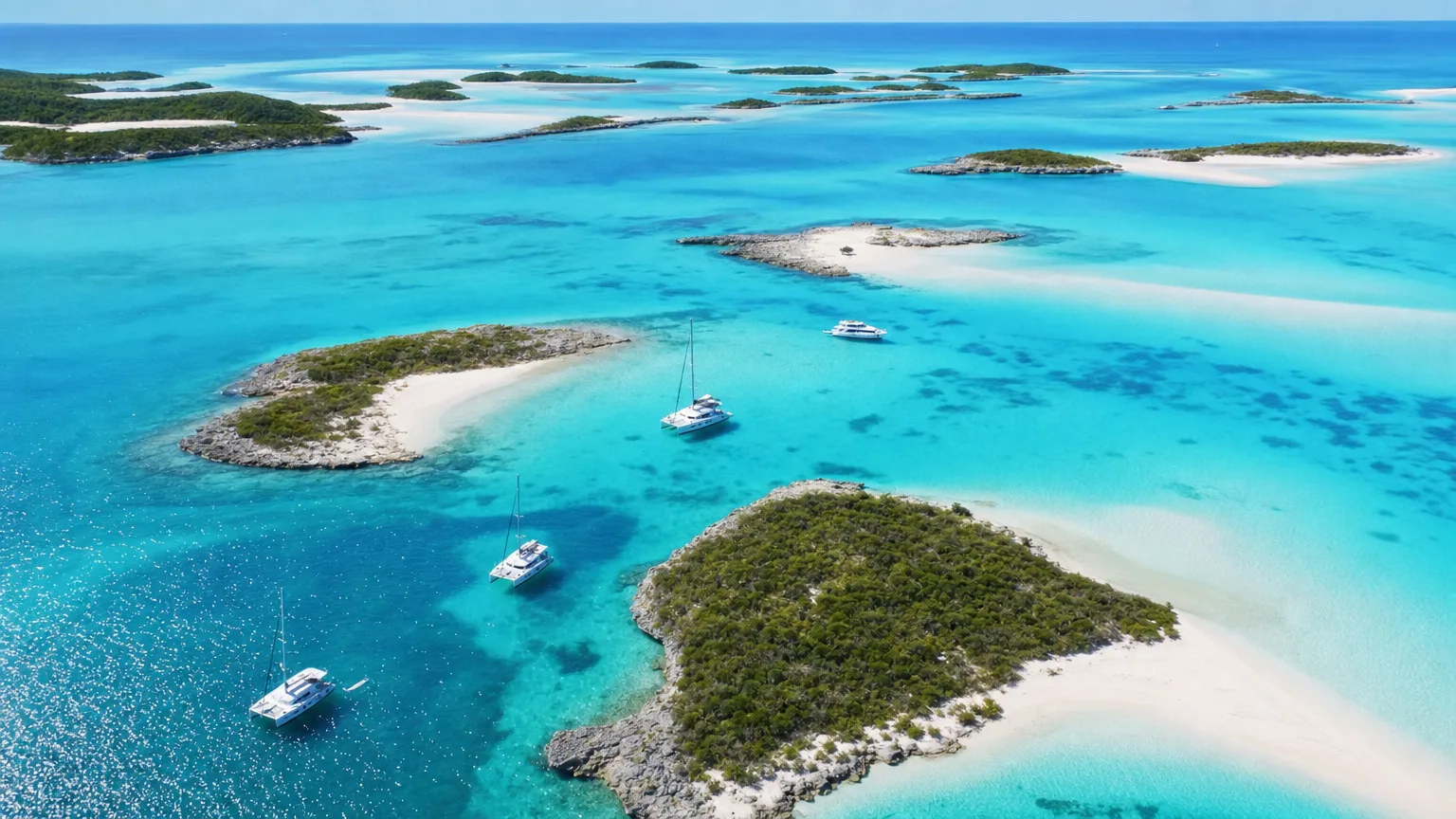 Aerial of the central Exuma Cays near Staniel Cay with yachts anchored in turquoise water