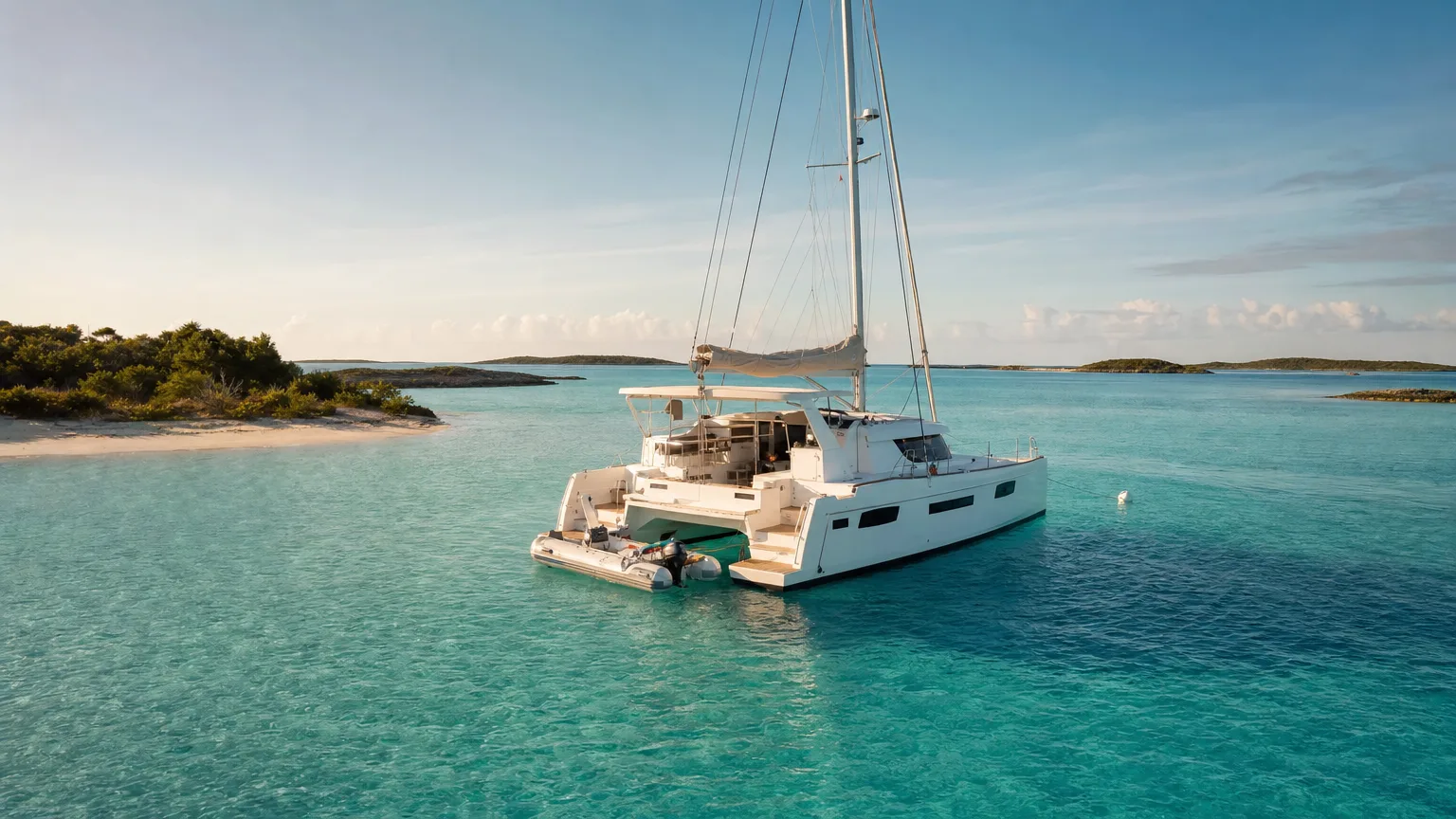 A crewed catamaran anchored near Staniel Cay, the hub of a Bahamas Exumas charter