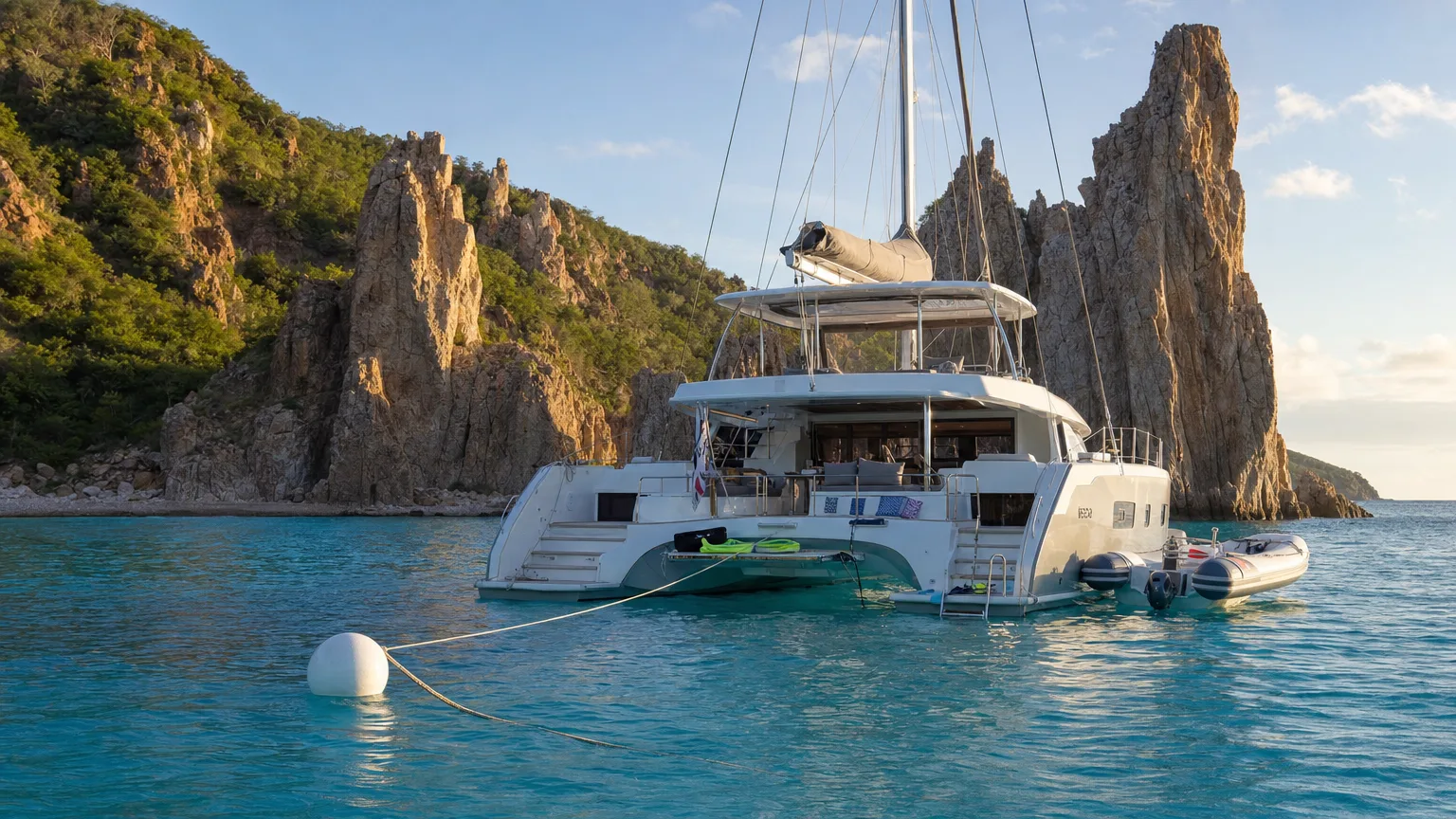A crewed catamaran tied to a National Parks mooring ball beside the pinnacles of The Indians, BVI