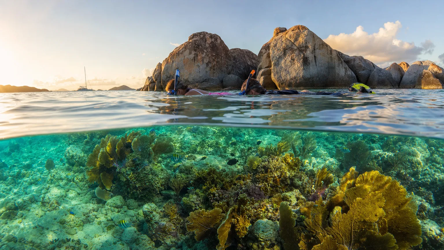 Snorkelers over shallow coral gardens beside the pinnacles of The Indians in calm morning water