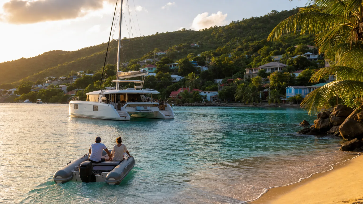 Crewed catamaran anchored in turquoise Baie de Grand Case off the St. Martin beach at sunset