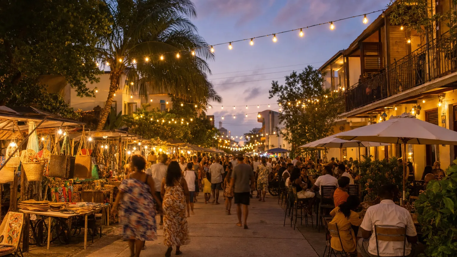 Evening street scene on Boulevard de Grand Case with string lights diners and craft market stalls