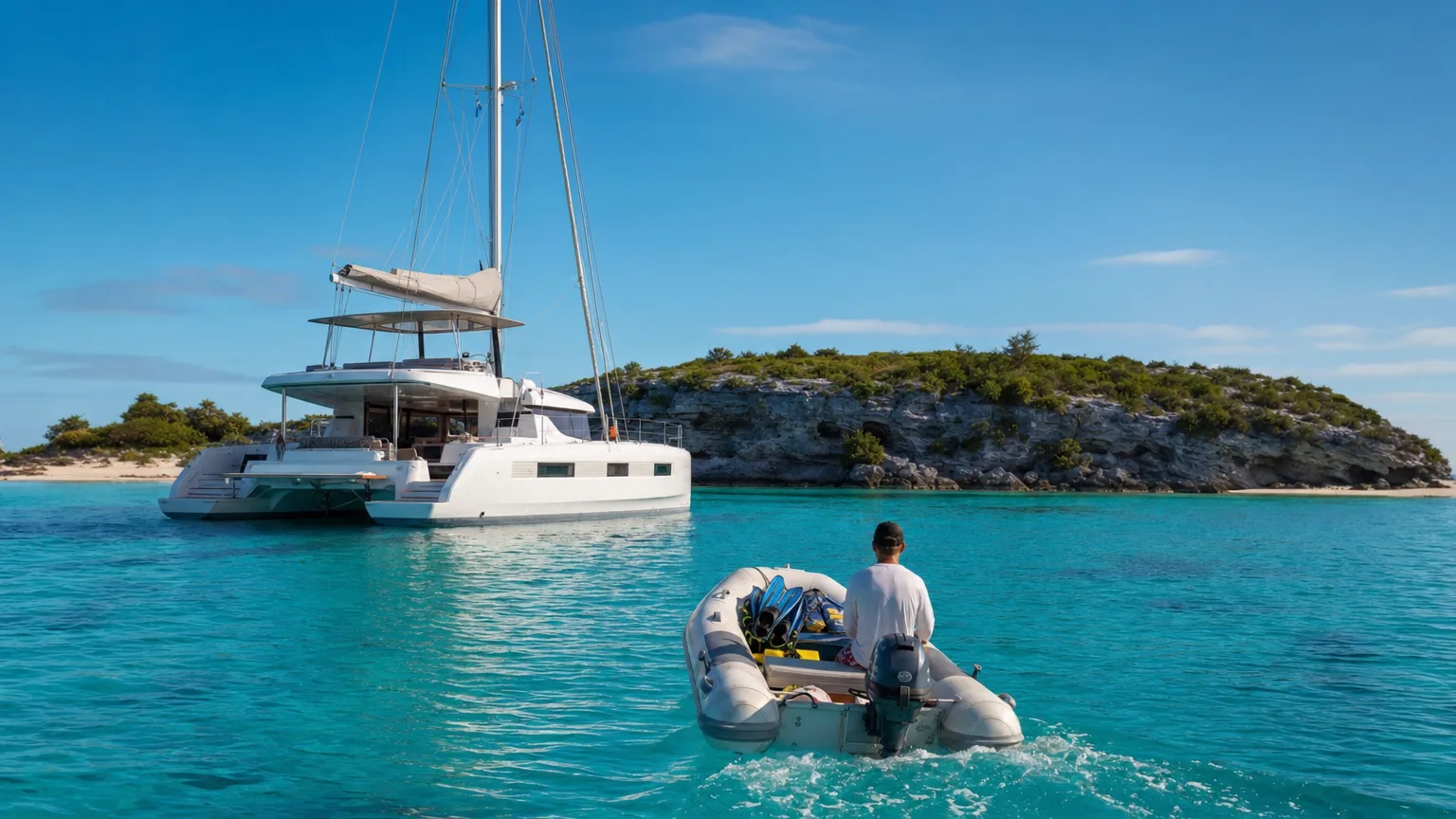 A crewed catamaran and tender anchored near Thunderball Grotto off Staniel Cay in the Exumas