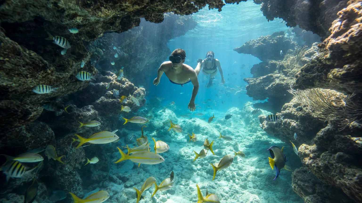 Snorkelers among reef fish inside the sunlit domed cavern of Thunderball Grotto, Exumas