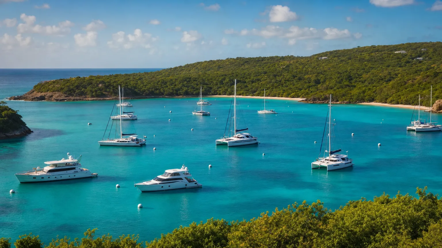 Charter yachts on moorings in The Bight near the Willy T at Norman Island, BVI