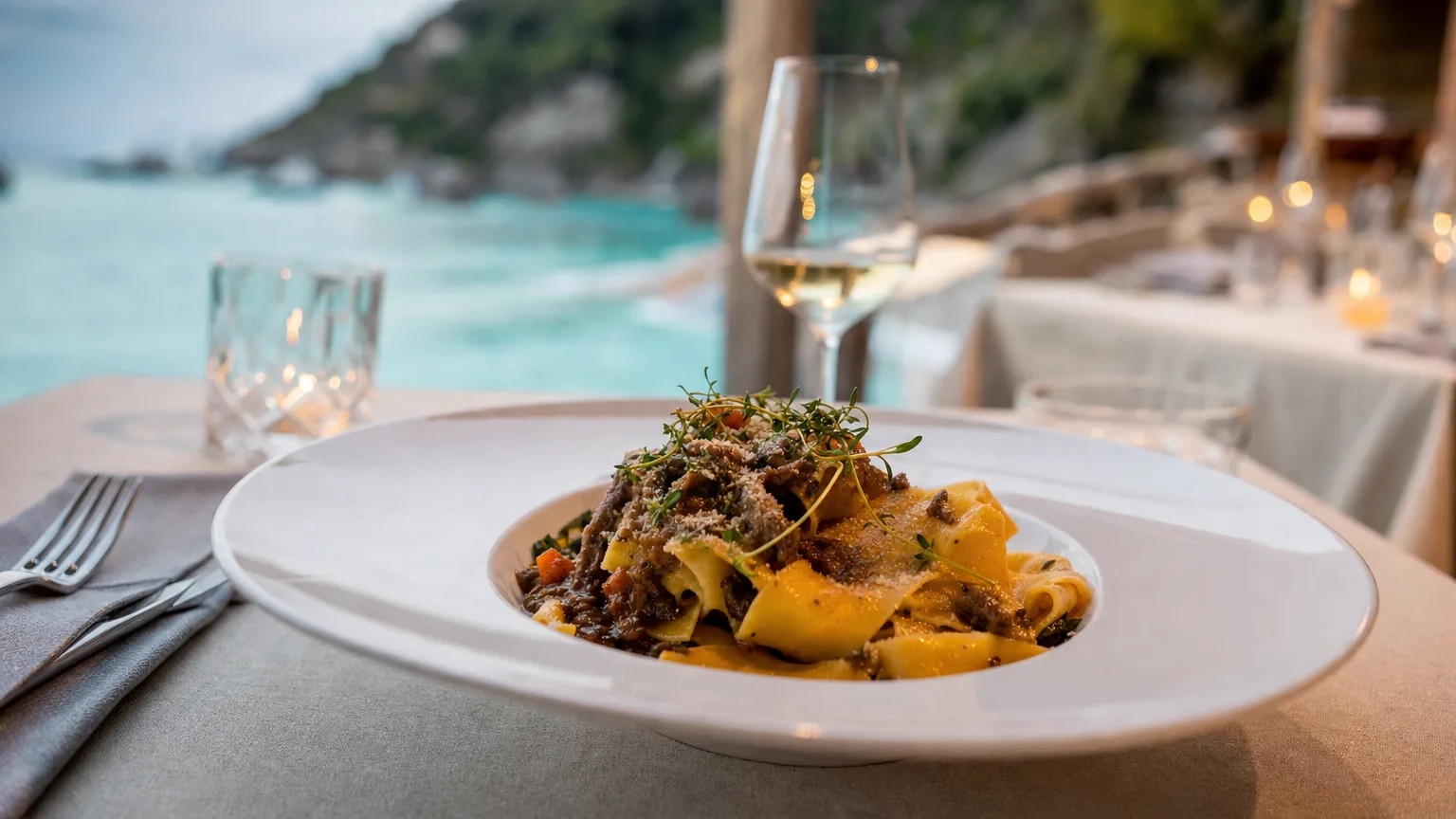 Plated house-made Italian pasta dish on a linen table at a beachfront fine-dining restaurant