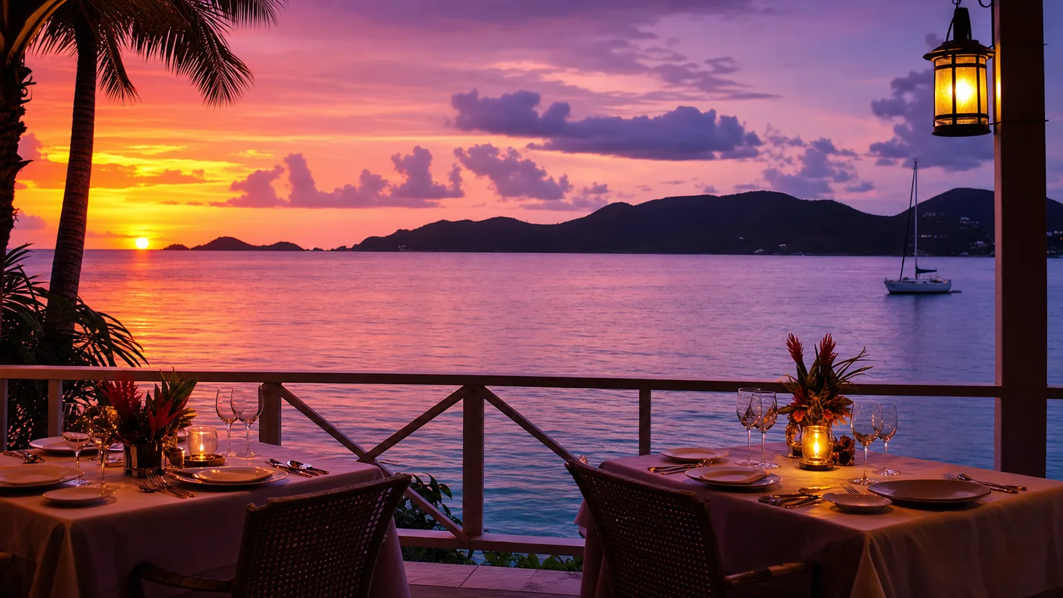 Purple and gold Caribbean sunset over Pillsbury Sound seen from a beachfront dining terrace