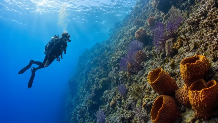 Scuba diving in the Caribbean along a coral reef wall in clear blue water