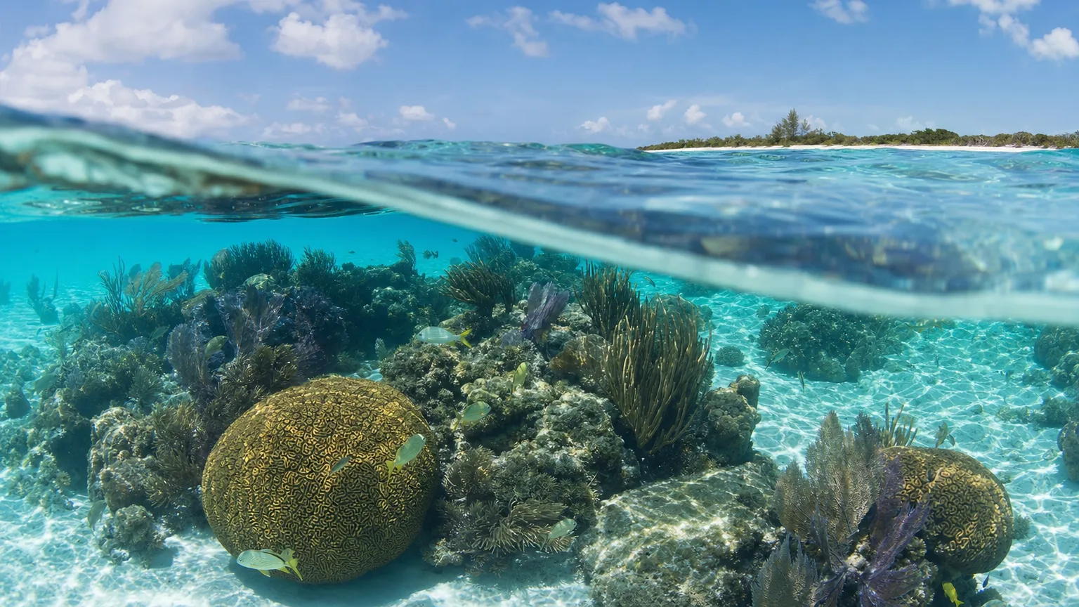 Shallow coral reef and clear water for snorkeling off Mopion Island in the Grenadines